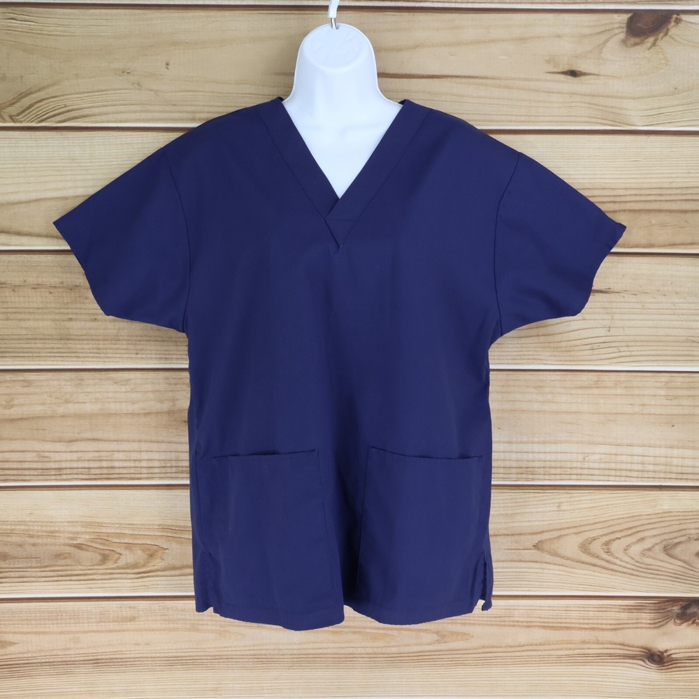 Crest Scrubs Top Unisex Size S Dark Blue Polyester Blend Pockets V-Neck Medical